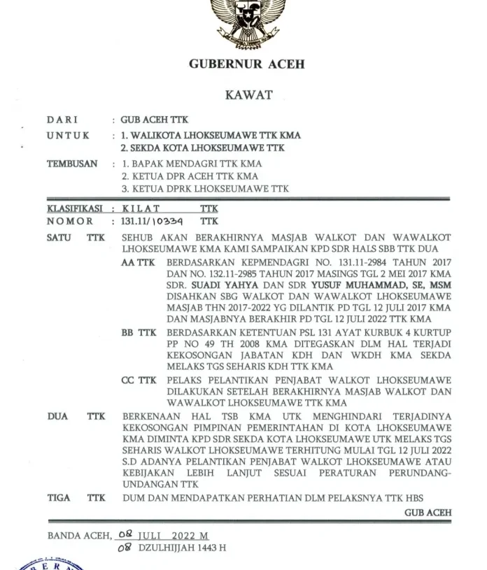 Banda Aceh – Penjabat (Pj.) Gubernur Aceh, Achmad Marzuki, menunjuk Sekretaris Daerah Lhokseumawe, T. Adnan, menjadi Pelaksana Harian (Plh.) Wali Kota.