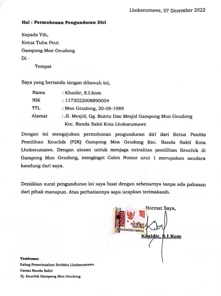 Surat Pengunduran Diri Khaidir