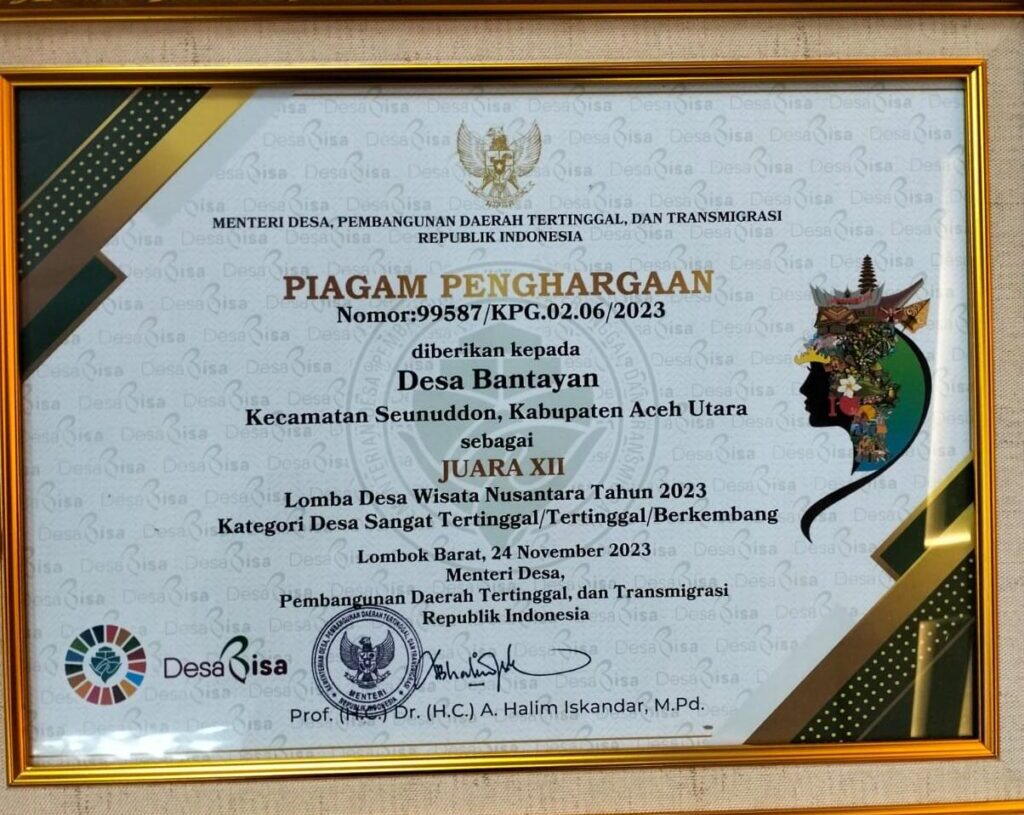 Satu-satunya dari Aceh, Gampong Bantayan Terima Penghargaan Mendes PDTT sebagai Desa Wisata Nusantara 2023
