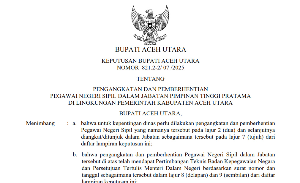 Pemkab Aceh Utara Lantik Delapan Pejabat JPT Pratama